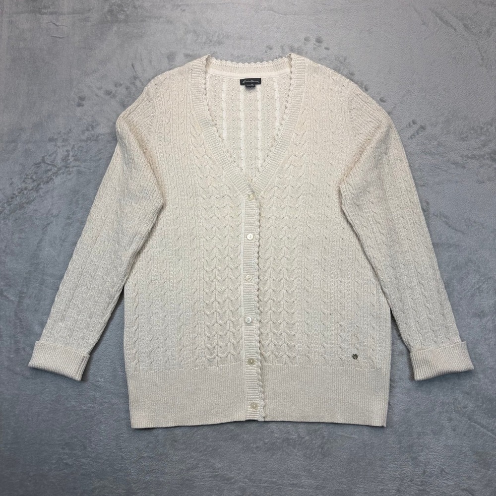 Eddie Bauer Womens XL Cream Metallic Cable Knit Scalloped Cardigan Sweater